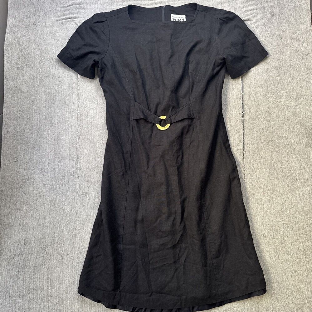 Vtg 80s SANDRA OW-WING For N.R.1 Dress Small Black Linen Lagenlook Career Modest